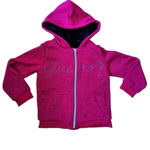 3/35$ Guess Kids Girls Red Glitter Hoodie Faux Fur Lined – Size 4